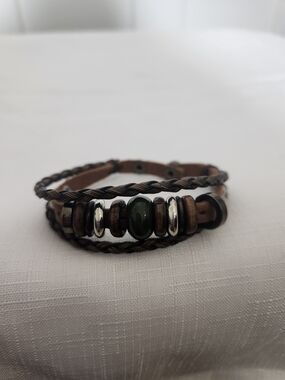 Brown Braided Leather Bracelet with Green Accent Bead